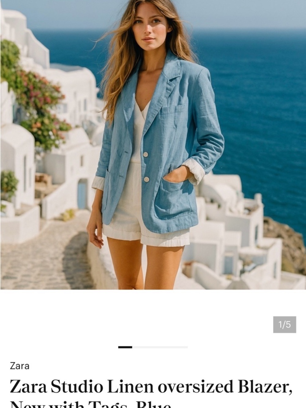 Zara Sky Blue Linen Oversized Blazer